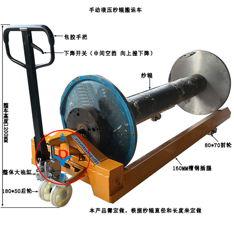 1吨2吨1.5米1.8米手动卷筒纸搬运车叉车液压车盘头车运输车纱辊车地牛卷纸拖车